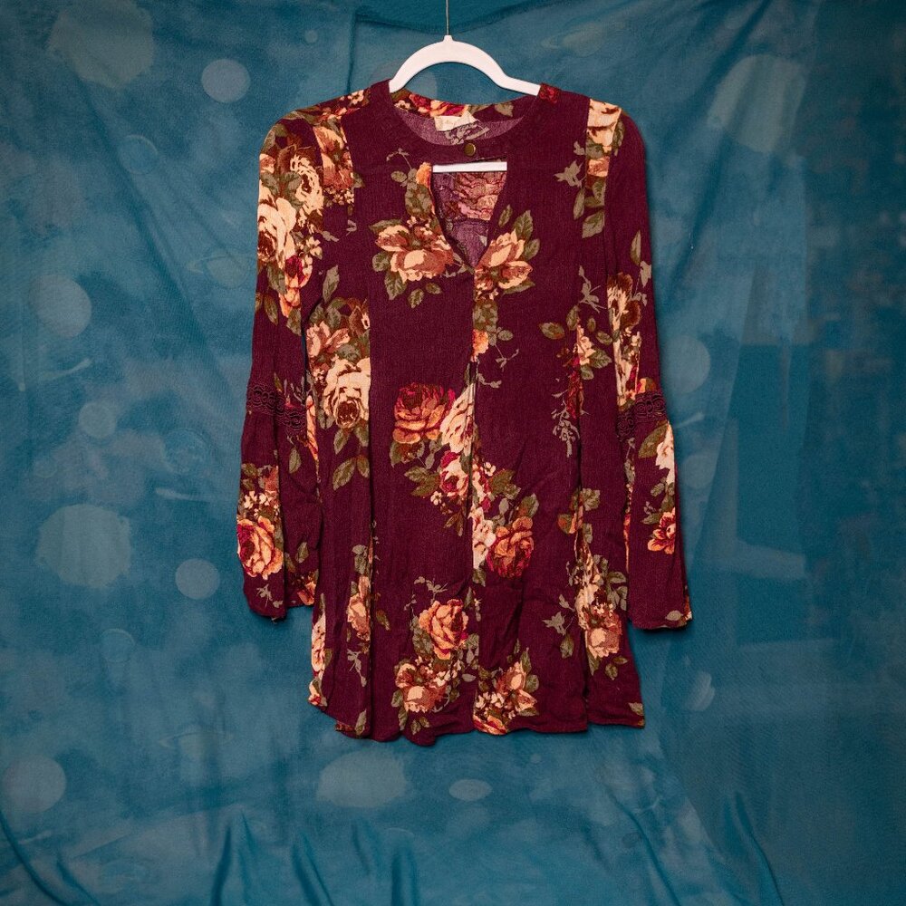 CLEARANCE Altard State Floral Long Bell Sleeve Dress Burgundy Roses Small READ